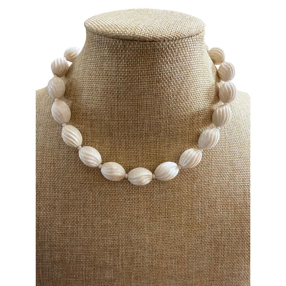 Vintage Trifari White Ribbed Oval Bead Necklace Gold Tone T Charm Choker  Retro